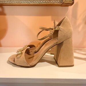 Jeffrey Campbell Nude Suede Block Heel Sandals with Gold Buckle